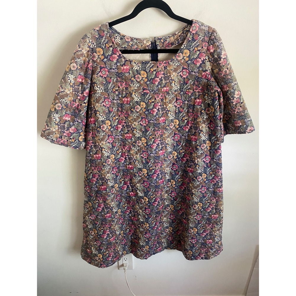 Vintage Floral Quilted Shift Dress Square Neck Short Sleeve Navy‎ Pink Gold Mini